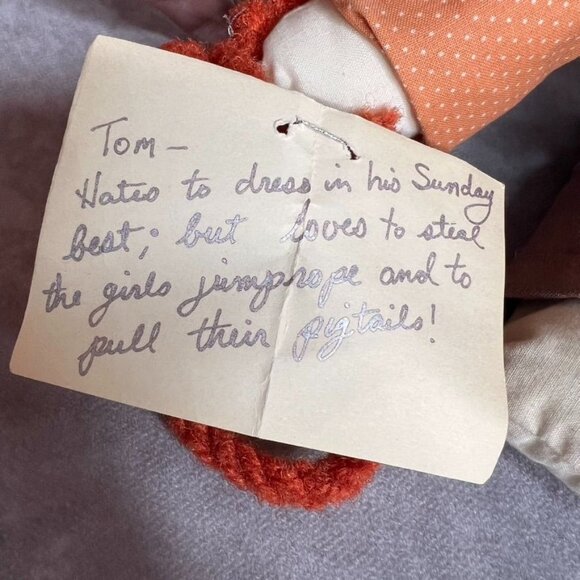 VTG Handmade Rag Doll Orange Dot Shirt Suspenders Toy Slingshot in Rear Pocket - Picture 5 of 9